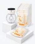 Kit Estoque de Leite Arkemis: bomba tira-leite Nurture S12 Pro e sacos de armazenamento de leite materno sobre pódio.