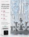Ilustração dos jatos da Lavelumi lavando o interior das mamadeiras.