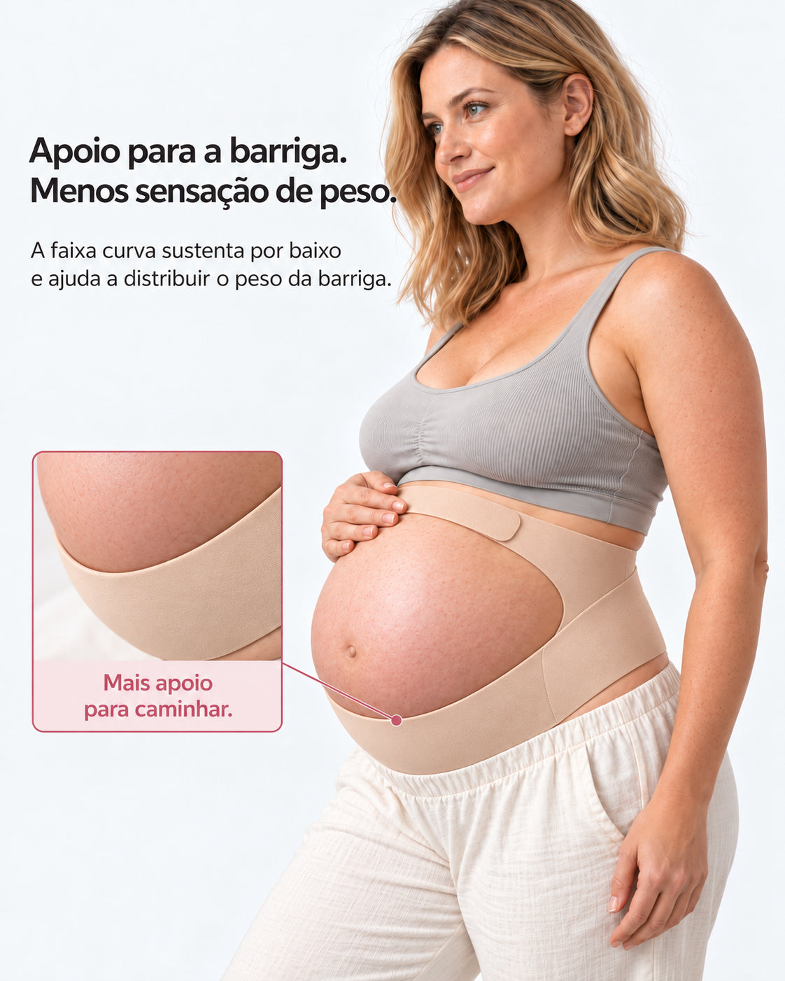 Faixa curva da cinta gestacional Arkemis apoiando a parte inferior da barriga
