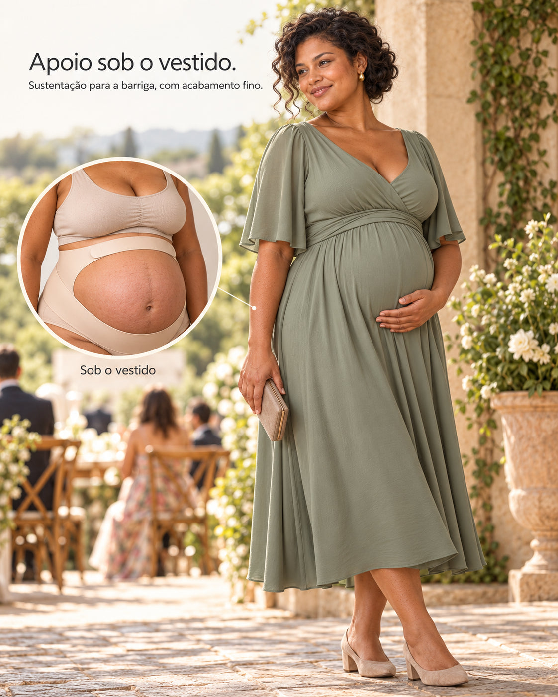 Gestante de vestido verde em uma recepção de casamento, com detalhe circular da cinta gestacional bege Arkemis sob a roupa