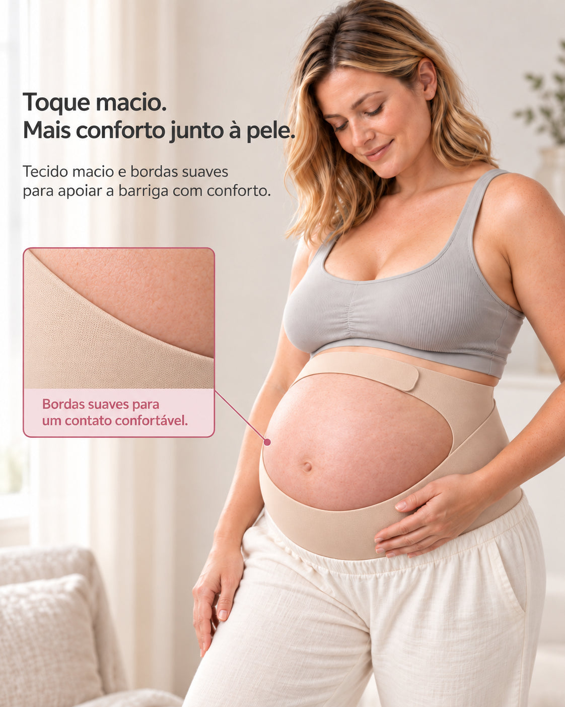 Tecido e bordas da cinta gestacional bege Arkemis junto à pele