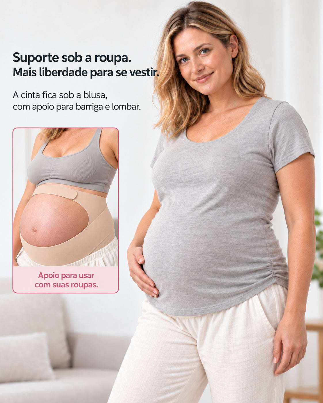 Cinta gestacional Arkemis demonstrada sob uma blusa
