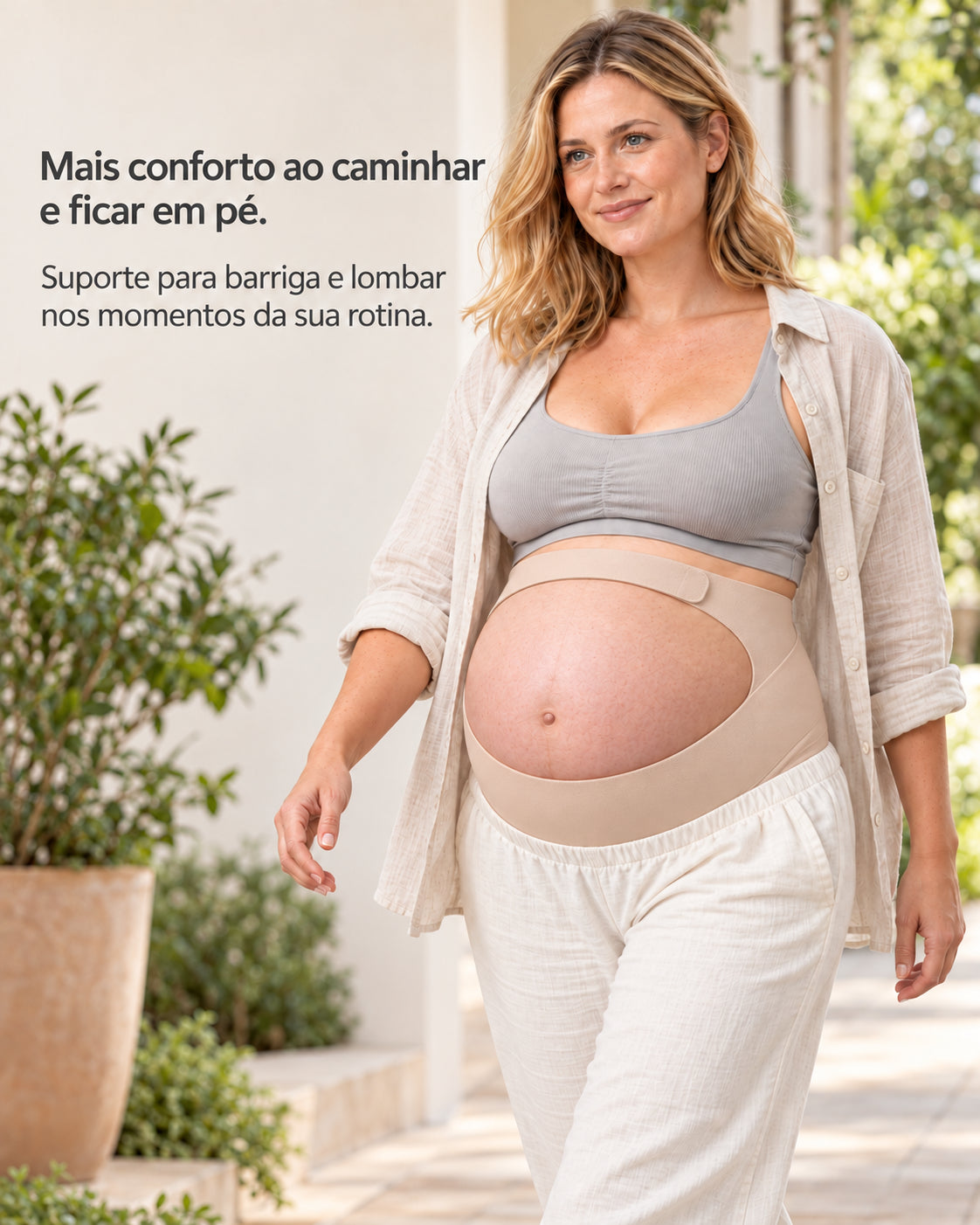 Gestante usando cinta gestacional Arkemis em uma situação de rotina
