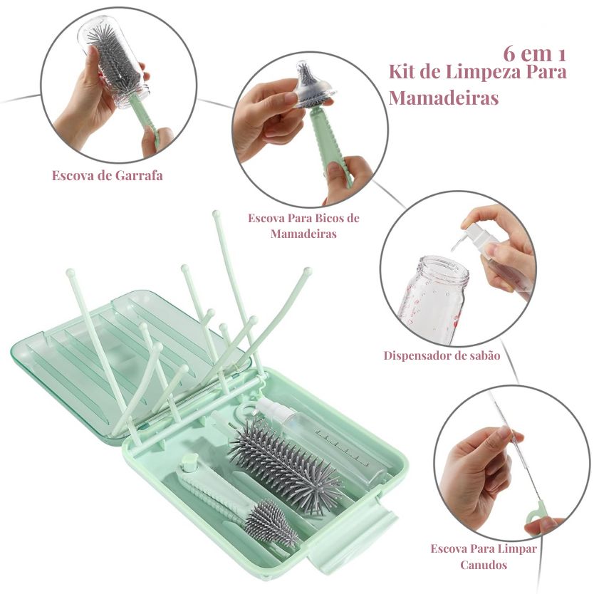 Kit de Limpeza 6 em 1 para Mamadeiras com Escovas e Porta-Objetos Portátil - Rosa
