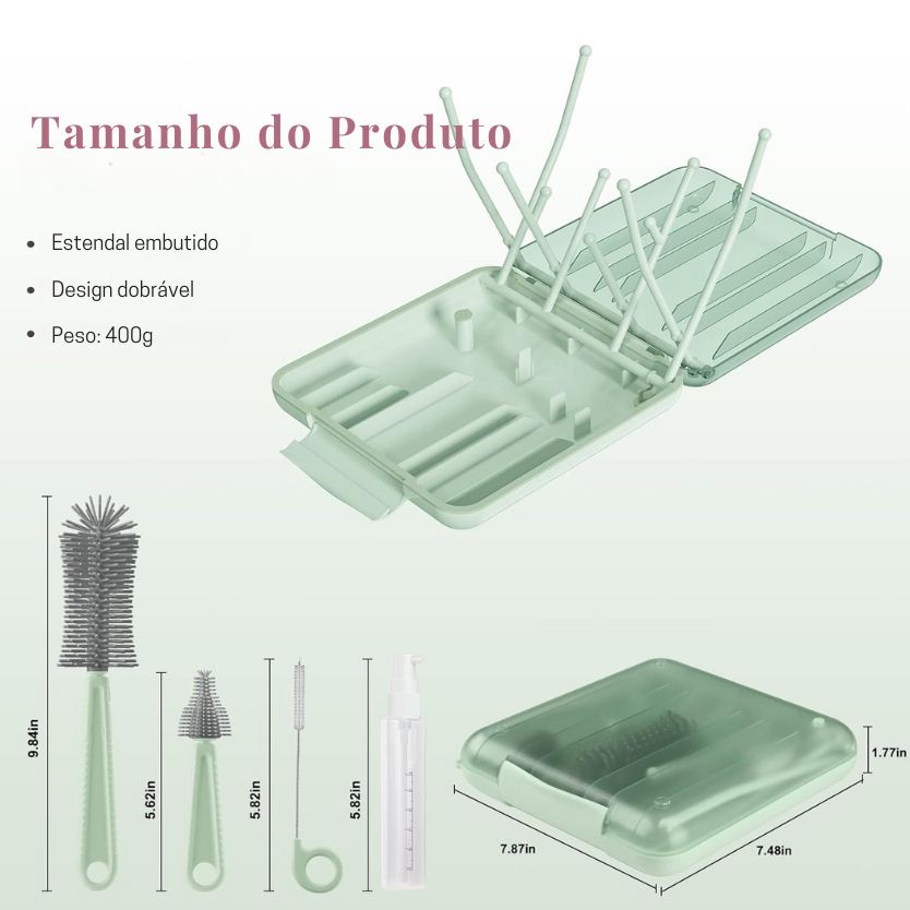 Kit de Limpeza 6 em 1 para Mamadeiras com Escovas e Porta-Objetos Portátil