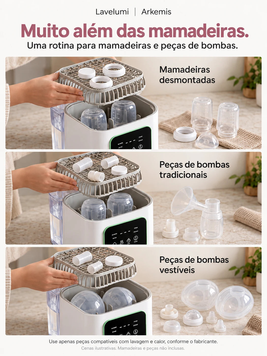 Organização de mamadeiras e peças desmontáveis de bombas tradicionais e vestíveis na Lavelumi.