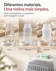 Mamadeiras de vidro, plástico e silicone compatíveis com lavagem e calor.